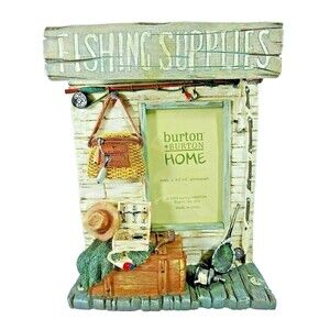 Fishing Supplies Picture Photo Frame 3D Stoneware Creel Basket Cabin 8.5-in Gift